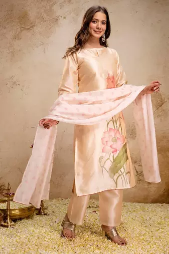 cream fancy fabric heavy thread embroidery work semi stitched suit