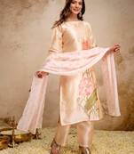 cream fancy fabric heavy thread embroidery work semi stitched suit