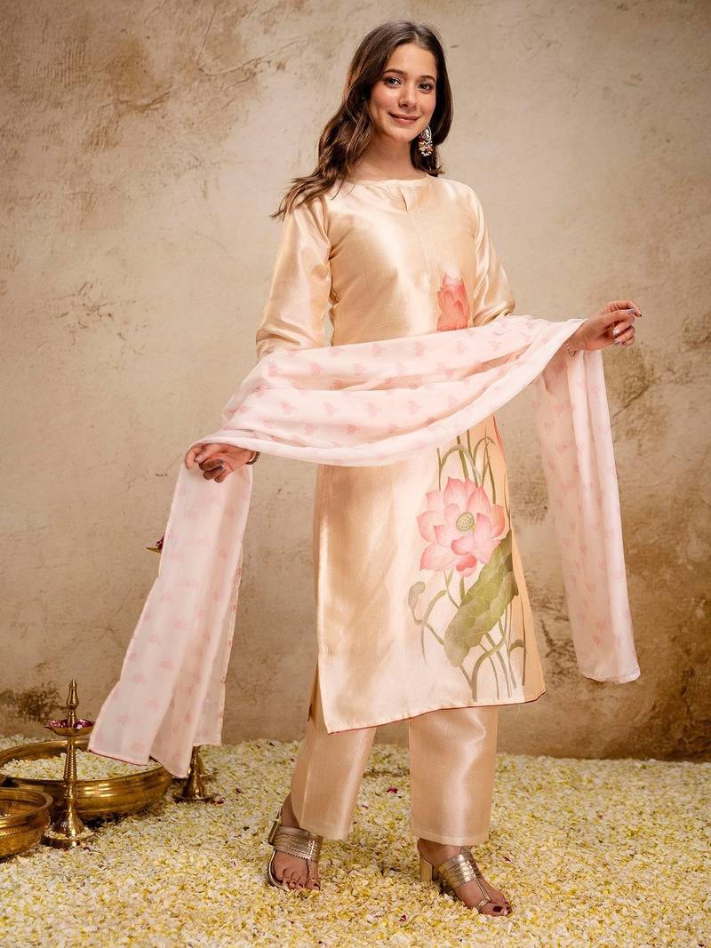 cream fancy fabric heavy thread embroidery work semi stitched suit