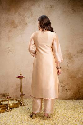 cream fancy fabric heavy thread embroidery work semi stitched suit 2