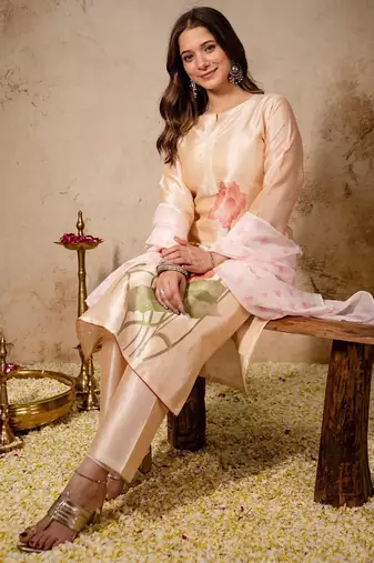 cream fancy fabric heavy thread embroidery work semi stitched suit