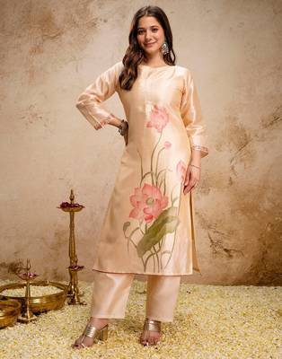 cream fancy fabric heavy thread embroidery work semi stitched suit 4