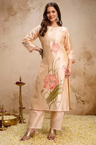 cream fancy fabric heavy thread embroidery work semi stitched suit