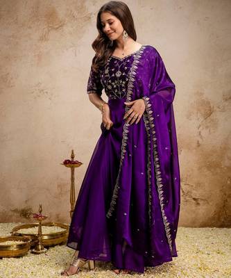 purple fancy fabric heavy thread embroidery work semi stitched suit 1