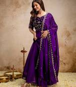 purple fancy fabric heavy thread embroidery work semi stitched suit