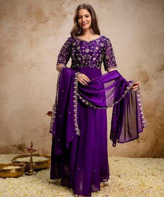 purple fancy fabric heavy thread embroidery work semi stitched suit 2