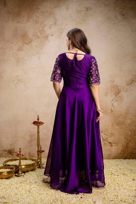 purple fancy fabric heavy thread embroidery work semi stitched suit 3