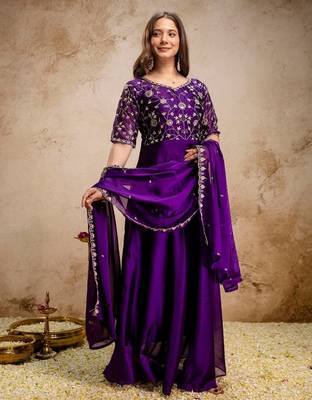 purple fancy fabric heavy thread embroidery work semi stitched suit 4