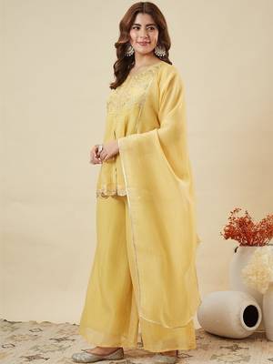 yellow silk blend heavy thread embroidery work semi stitched suit 1