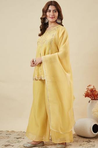 yellow silk blend heavy thread embroidery work semi stitched suit