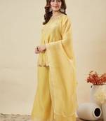 yellow silk blend heavy thread embroidery work semi stitched suit