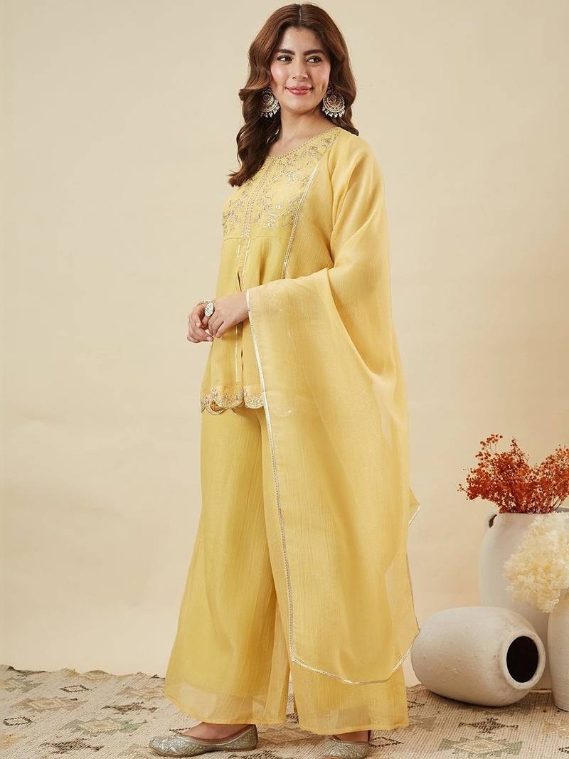 yellow silk blend heavy thread embroidery work semi stitched suit