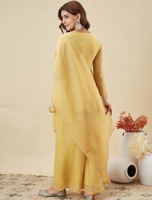 yellow silk blend heavy thread embroidery work semi stitched suit 3