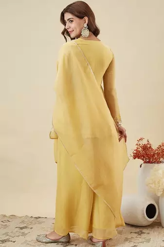 yellow silk blend heavy thread embroidery work semi stitched suit
