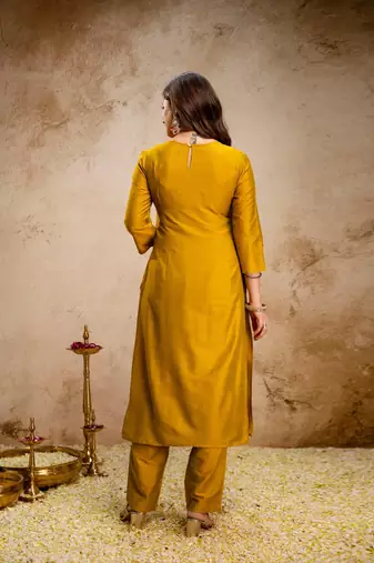 yellow silk blend heavy thread embroidery work semi stitched suit