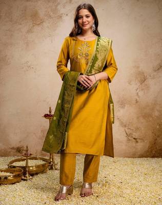 yellow silk blend heavy thread embroidery work semi stitched suit 3