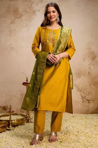yellow silk blend heavy thread embroidery work semi stitched suit