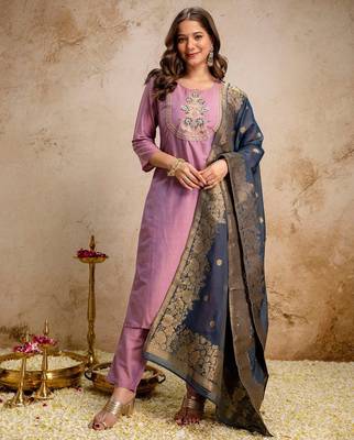 lavender jacquard heavy thread embroidery work semi stitched suit 1