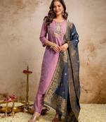 lavender jacquard heavy thread embroidery work semi stitched suit