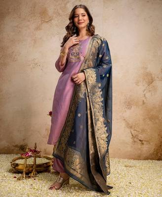 lavender jacquard heavy thread embroidery work semi stitched suit 2