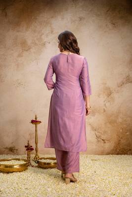 lavender jacquard heavy thread embroidery work semi stitched suit 3