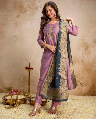 lavender jacquard heavy thread embroidery work semi stitched suit 4