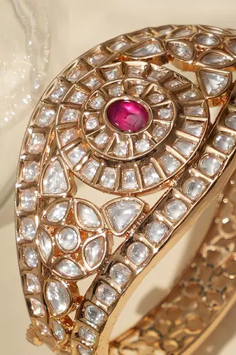Gold plated ruby pink polki kundan bracelet
