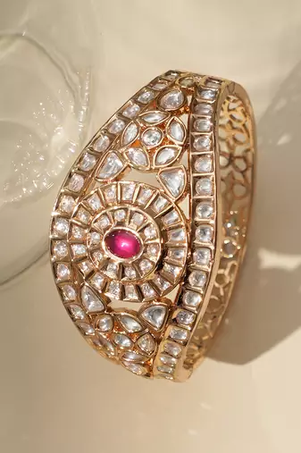 Gold plated ruby pink polki kundan bracelet