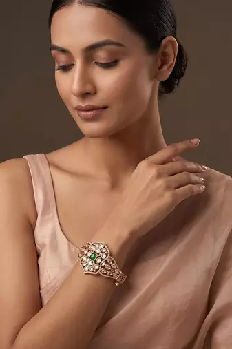 Gold plated green kundan bracelet