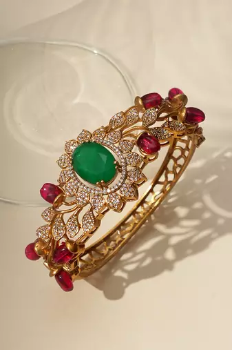 Gold plated green stone kundan bracelet