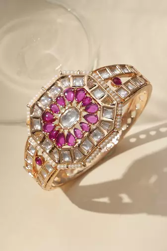 Gold plated ruby pink kundan bracelet