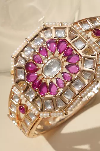 Gold plated ruby pink kundan bracelet