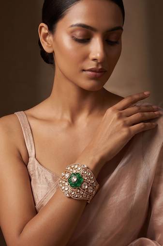 Gold plated royal green floral stone kundan bracelet