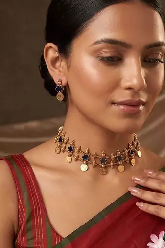 Gold plated navy blue floral coined choker set