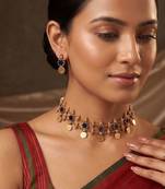 Gold plated navy blue floral coined choker set
