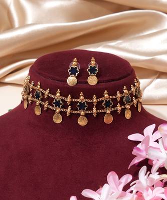 Gold plated navy blue floral coined choker set 2