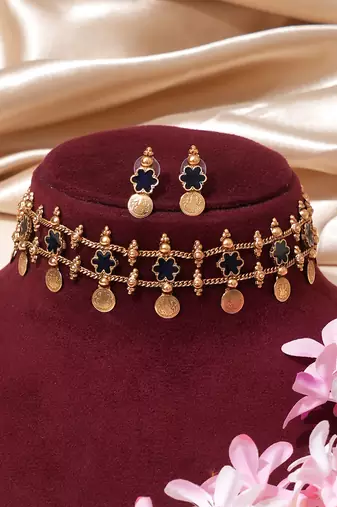 Gold plated navy blue floral coined choker set