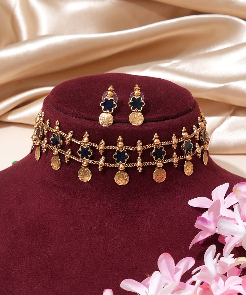 Gold plated navy blue floral coined choker set