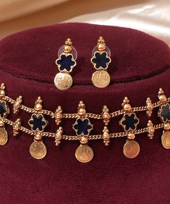 Gold plated navy blue floral coined choker set 3