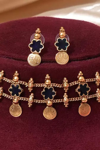 Gold plated navy blue floral coined choker set