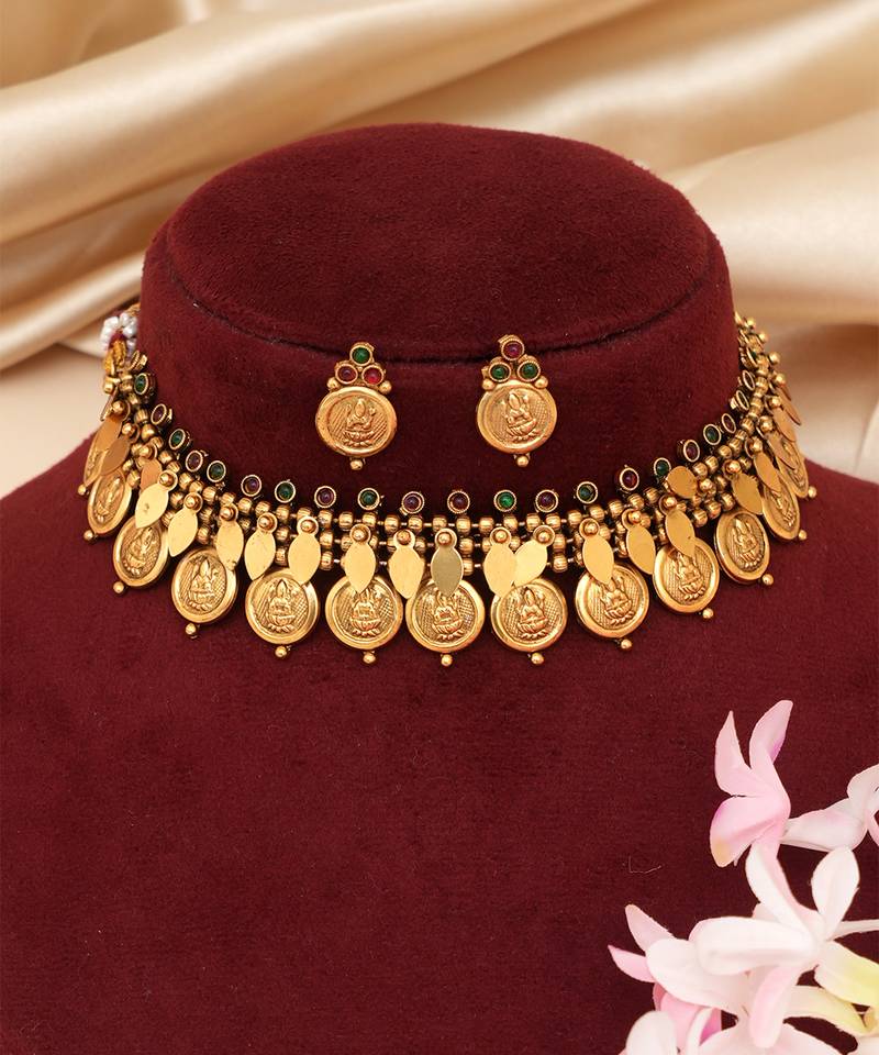 Gold plated multicolor coined choker set