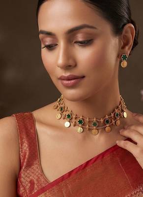 Gold plated green floral coined choker set 1