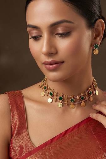 Gold plated green floral coined choker set