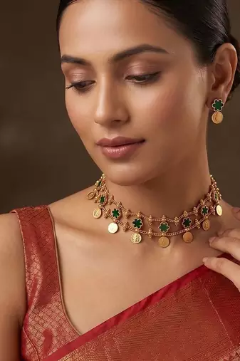 Gold plated green floral coined choker set