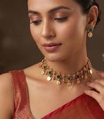 Gold plated green floral coined choker set