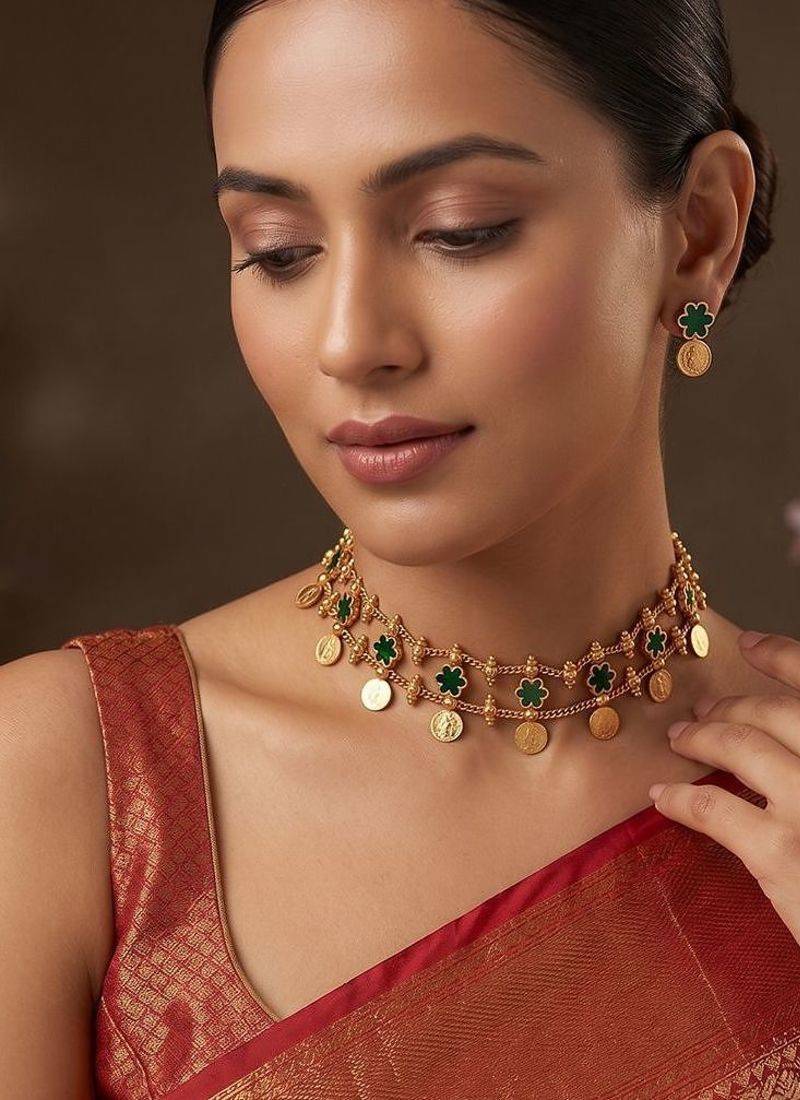 Gold plated green floral coined choker set