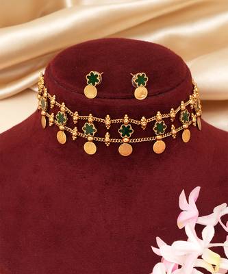 Gold plated green floral coined choker set 2