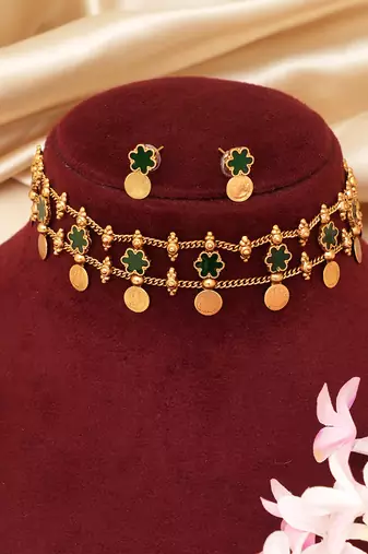 Gold plated green floral coined choker set