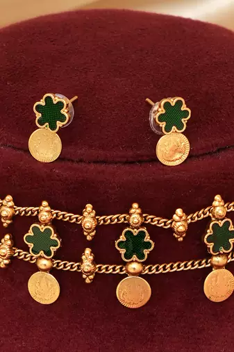 Gold plated green floral coined choker set
