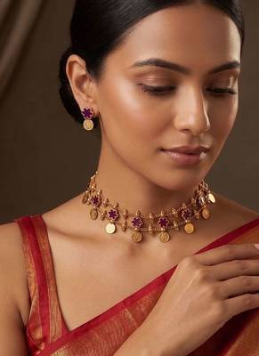 Gold plated ruby pink floral coined choker set 1